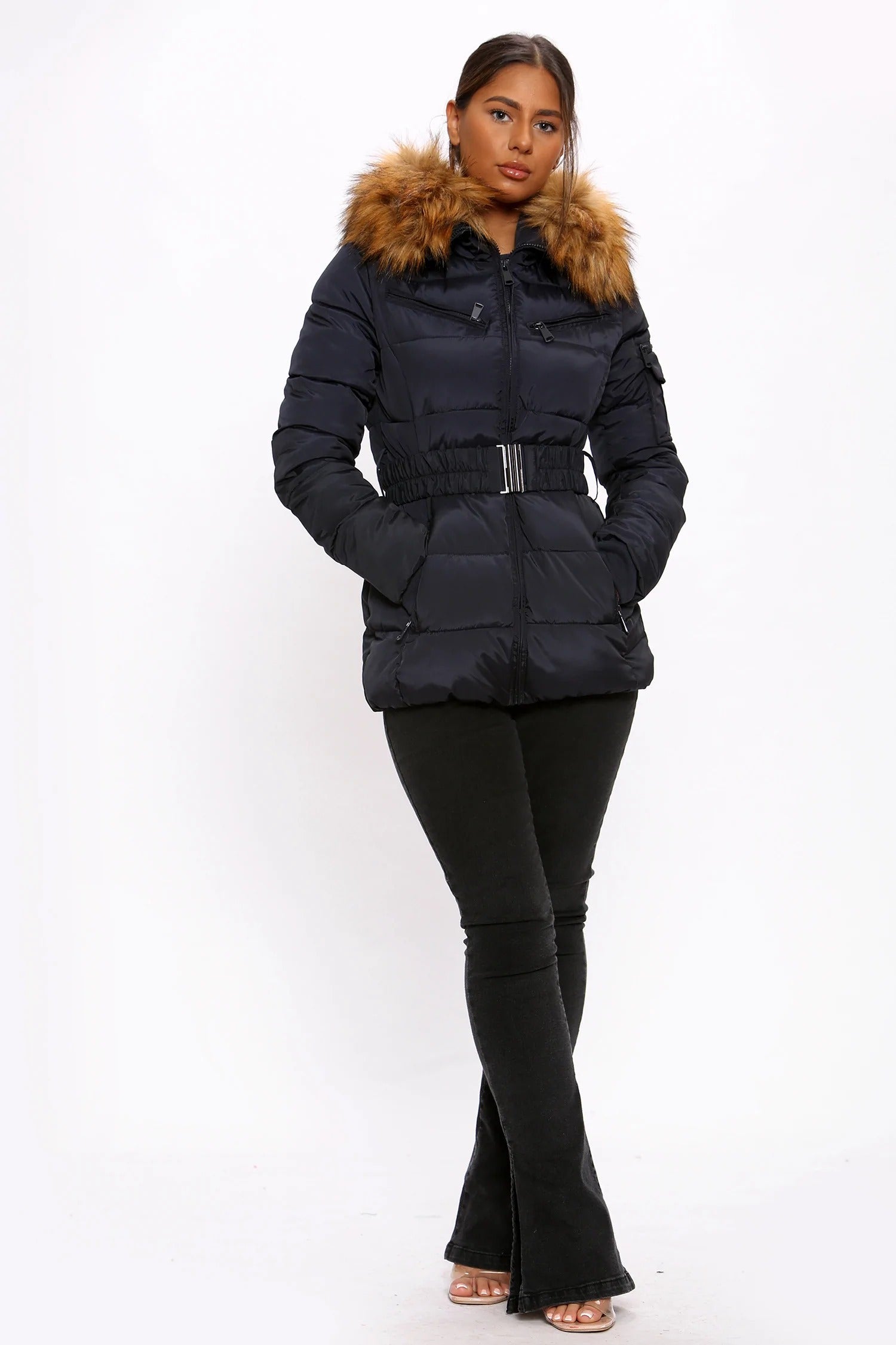 Navy Blue Belted Faux Fur Hood Quilted Puffer Jacket - Gracie - Storm Desire