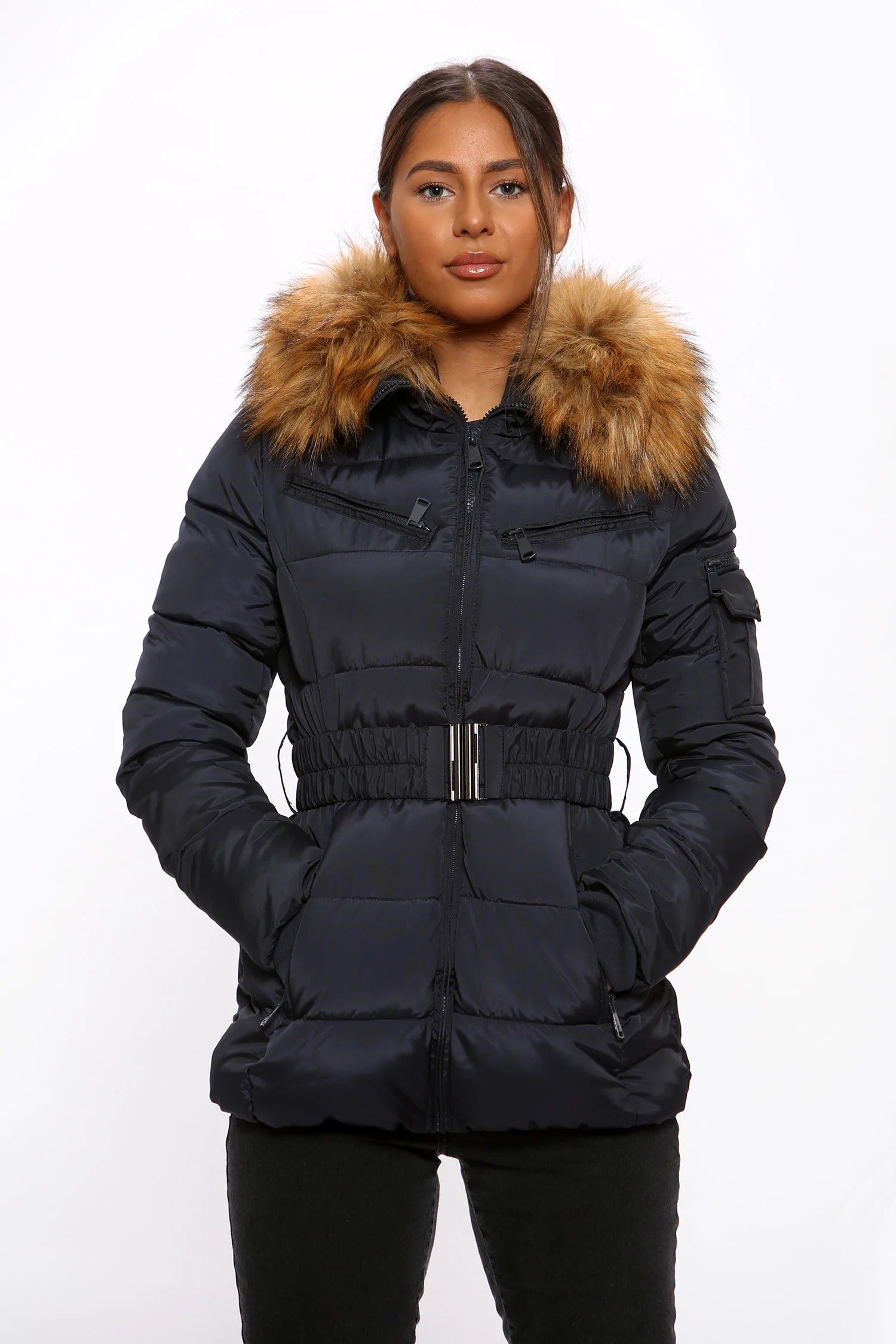 Navy Blue Belted Faux Fur Hood Quilted Puffer Jacket - Gracie - Storm Desire