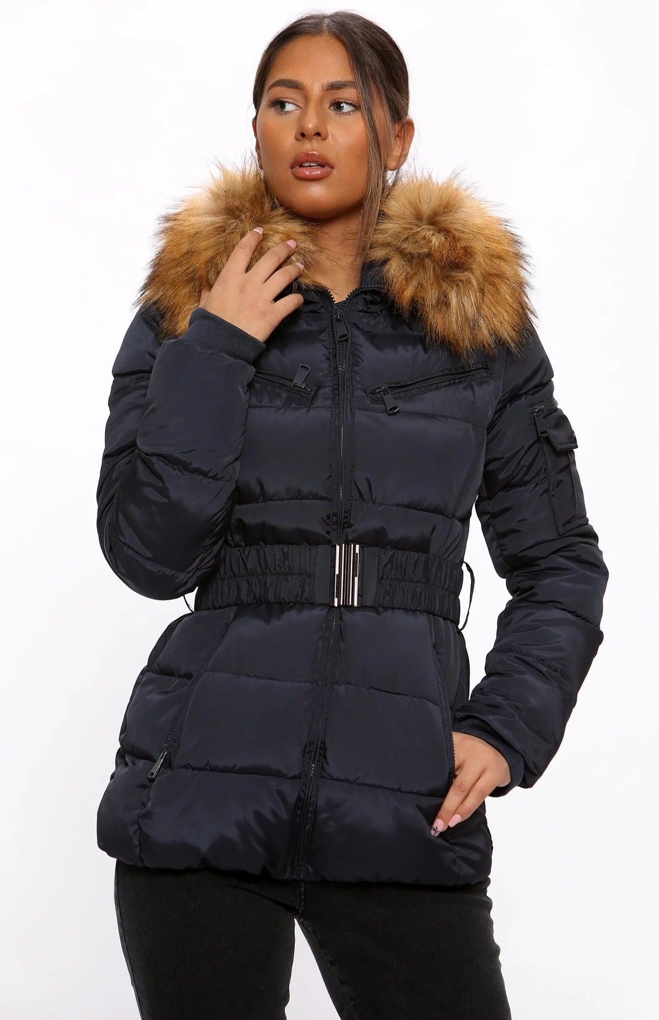 Navy Blue Belted Faux Fur Hood Quilted Puffer Jacket - Gracie - Storm Desire