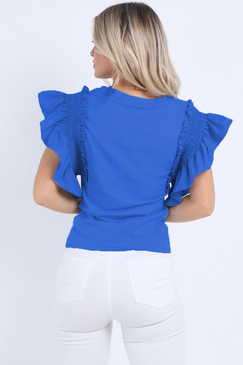 Royal Blue Ruched Frill Sleeve Top - Mona - Storm Desire