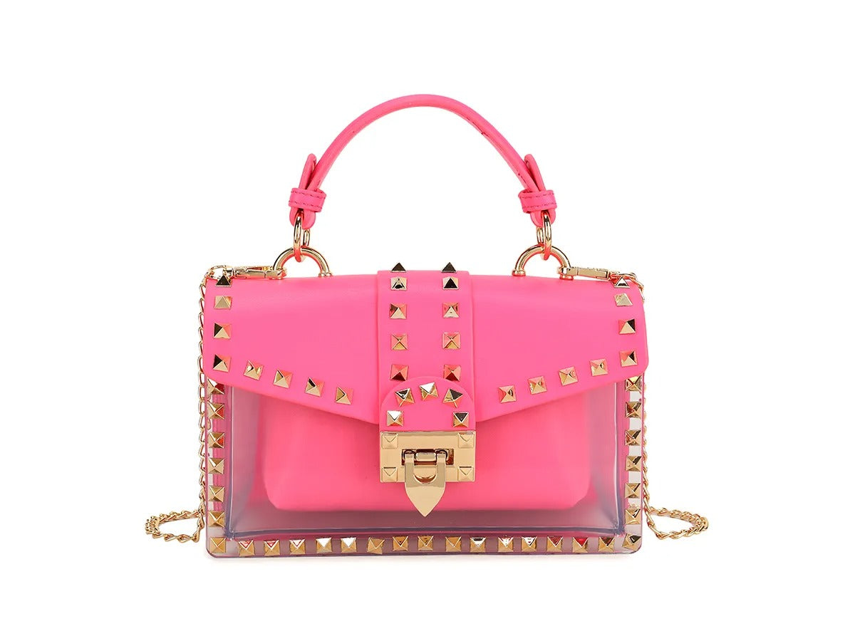 Neon Pink Metal Stud Clear Front Handbag - Imani - Storm Desire