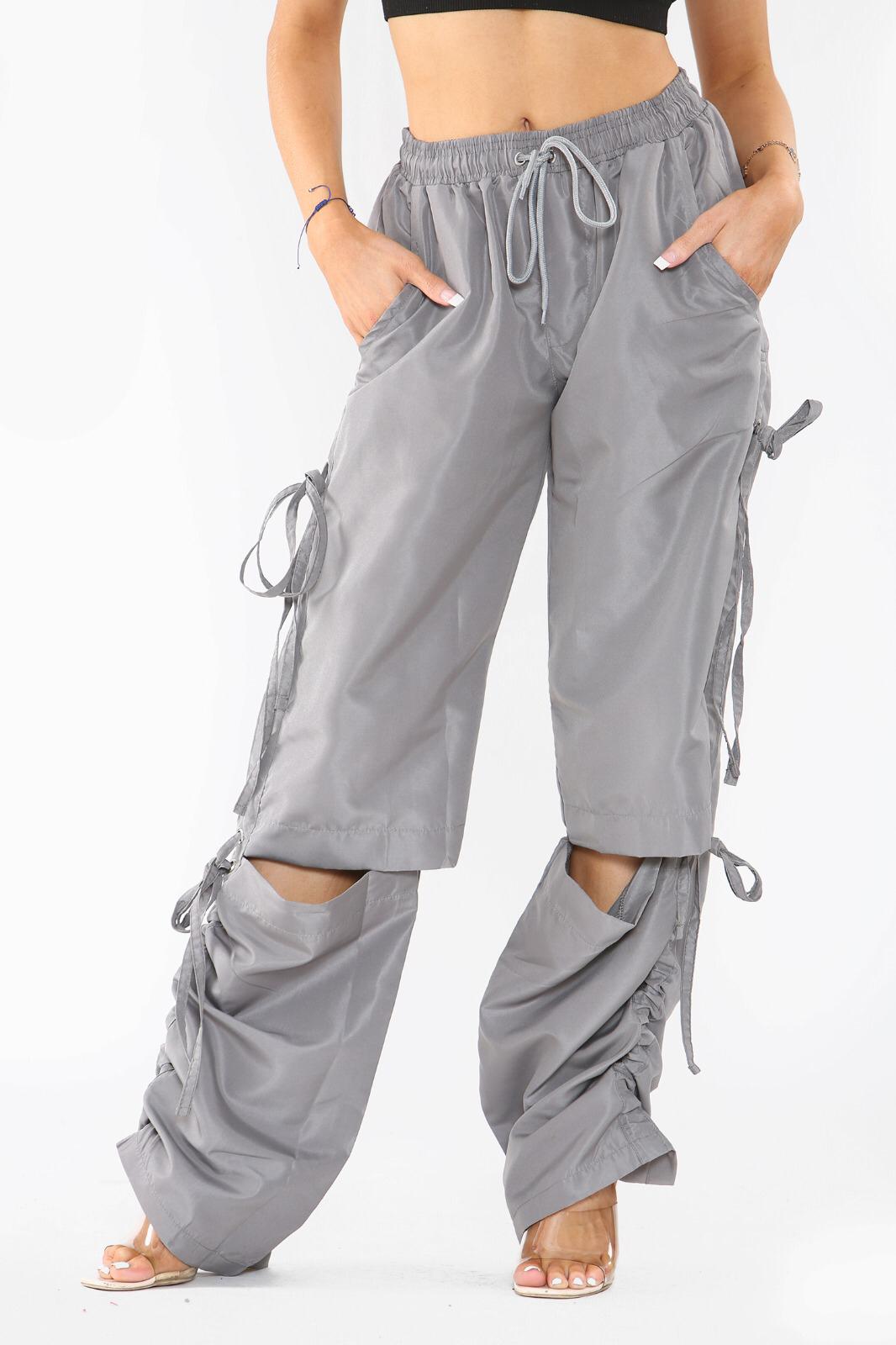 Grey Baggy Slit String Tie Shell Pants - Penny - Storm Desire