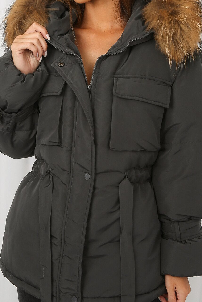 Grey Natural Fur Hood Tie Up Puffer Jacket - Jemima - Storm Desire