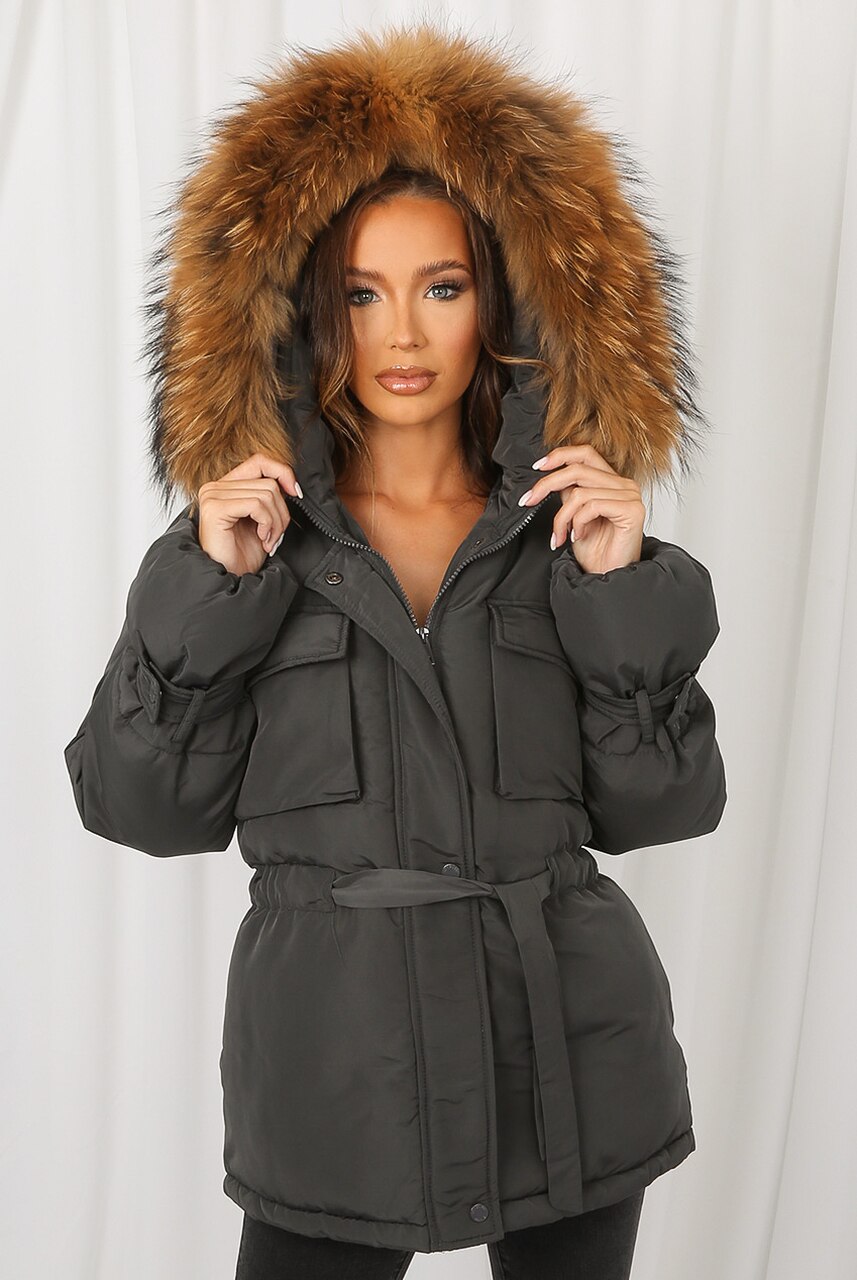 Grey Natural Fur Hood Tie Up Puffer Jacket - Jemima - Storm Desire