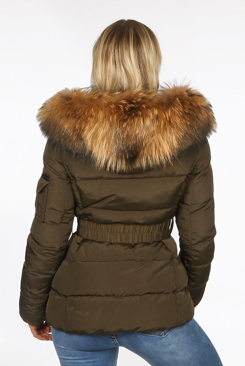 Khaki Green Natural Real Fur Hood Attentif Puffer Zip Jacket - Aria - Storm Desire