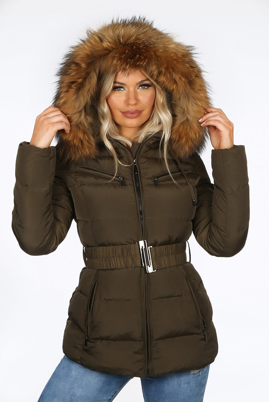 Khaki Green Natural Real Fur Hood Attentif Puffer Zip Jacket - Aria - Storm Desire