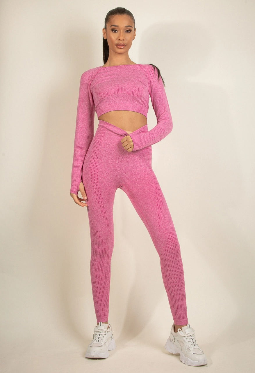 Bright Pink Ribbed Textured Active Top & Pants Set - Astrid - Storm Desire