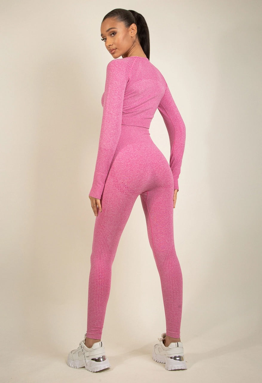 Bright Pink Ribbed Textured Active Top & Pants Set - Astrid - Storm Desire