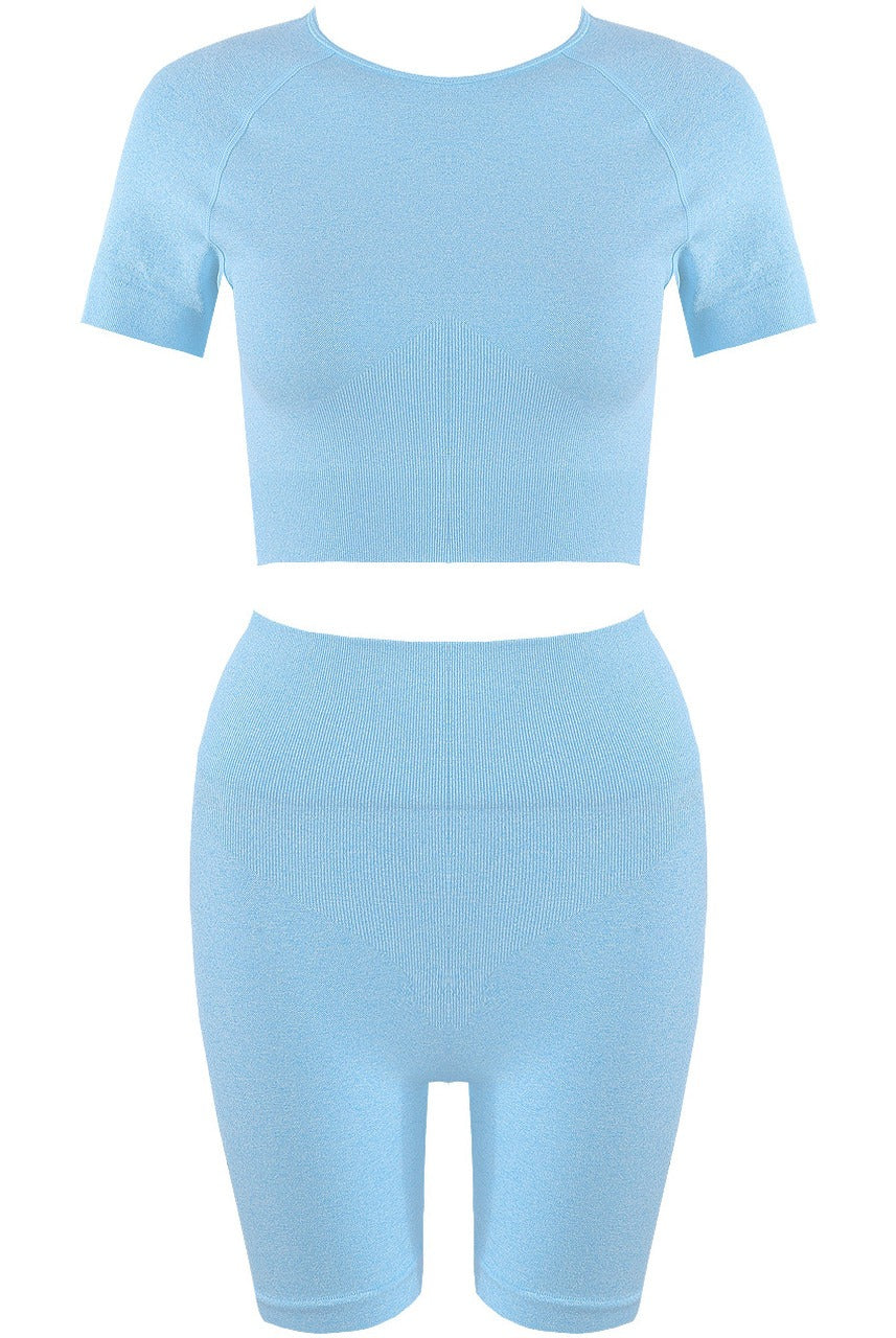 Blue Cap Sleeve Ribbed Crop Top & Cycling Shorts - Selah - Storm Desire