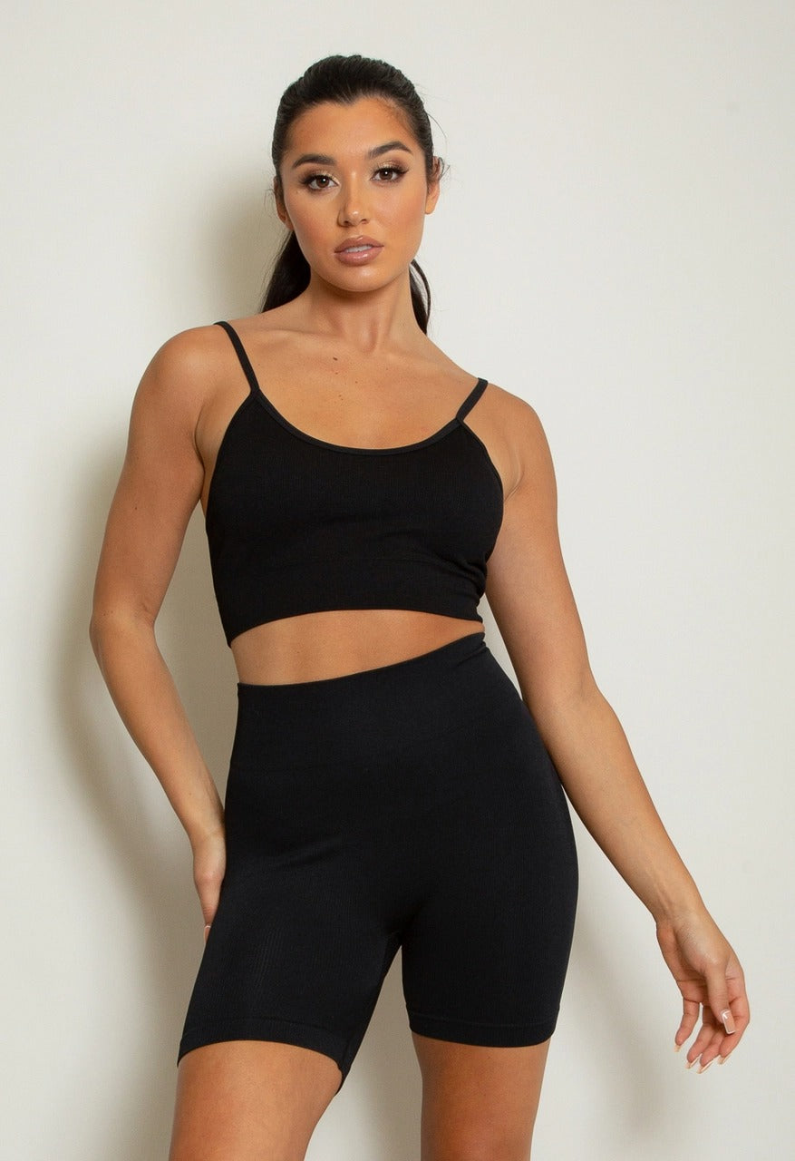 Black Crop Vest Top & Cycling Shorts Set - Kate - Storm Desire