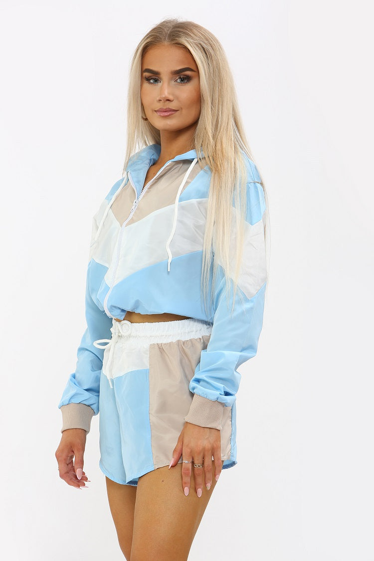Blue Colour Block Cropped Jacket & Shorts Co-ord - Ramona - Storm Desire