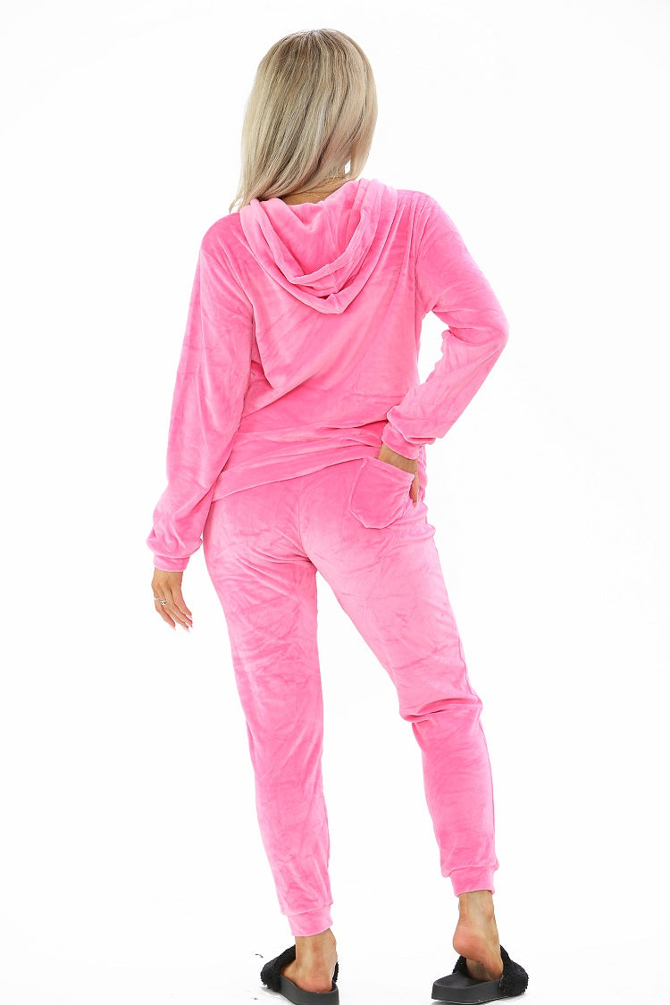 Neon Pink Velvet Hooded Loungewear Set -  Megan - Storm Desire