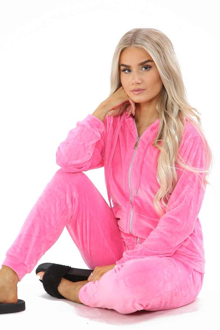 Neon Pink Velvet Hooded Loungewear Set -  Megan - Storm Desire