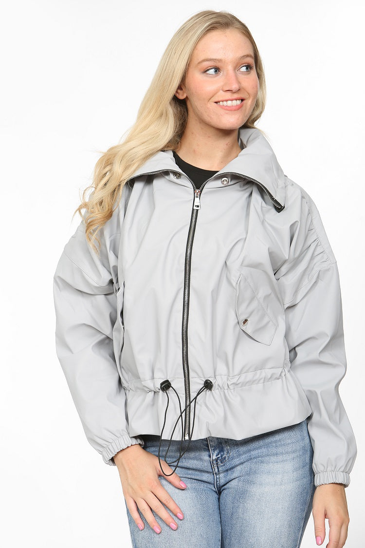 Grey Pu High Neck Hooded Festival Jacket - Julieta - Storm Desire