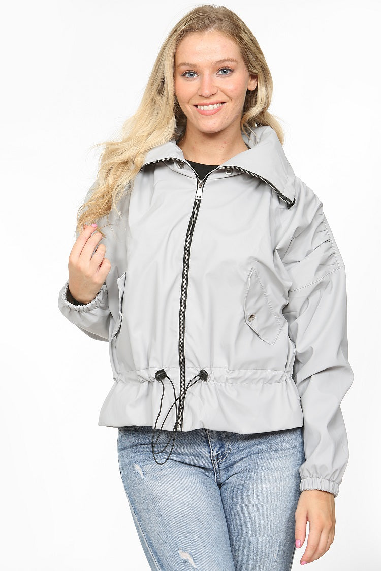 Grey Pu High Neck Hooded Festival Jacket - Julieta - Storm Desire