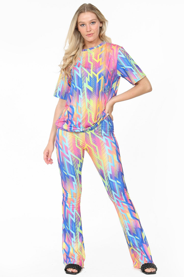 Multi Colour Graphic Print Oversized Top & Flared Trouser Set - Kehlani - Storm Desire