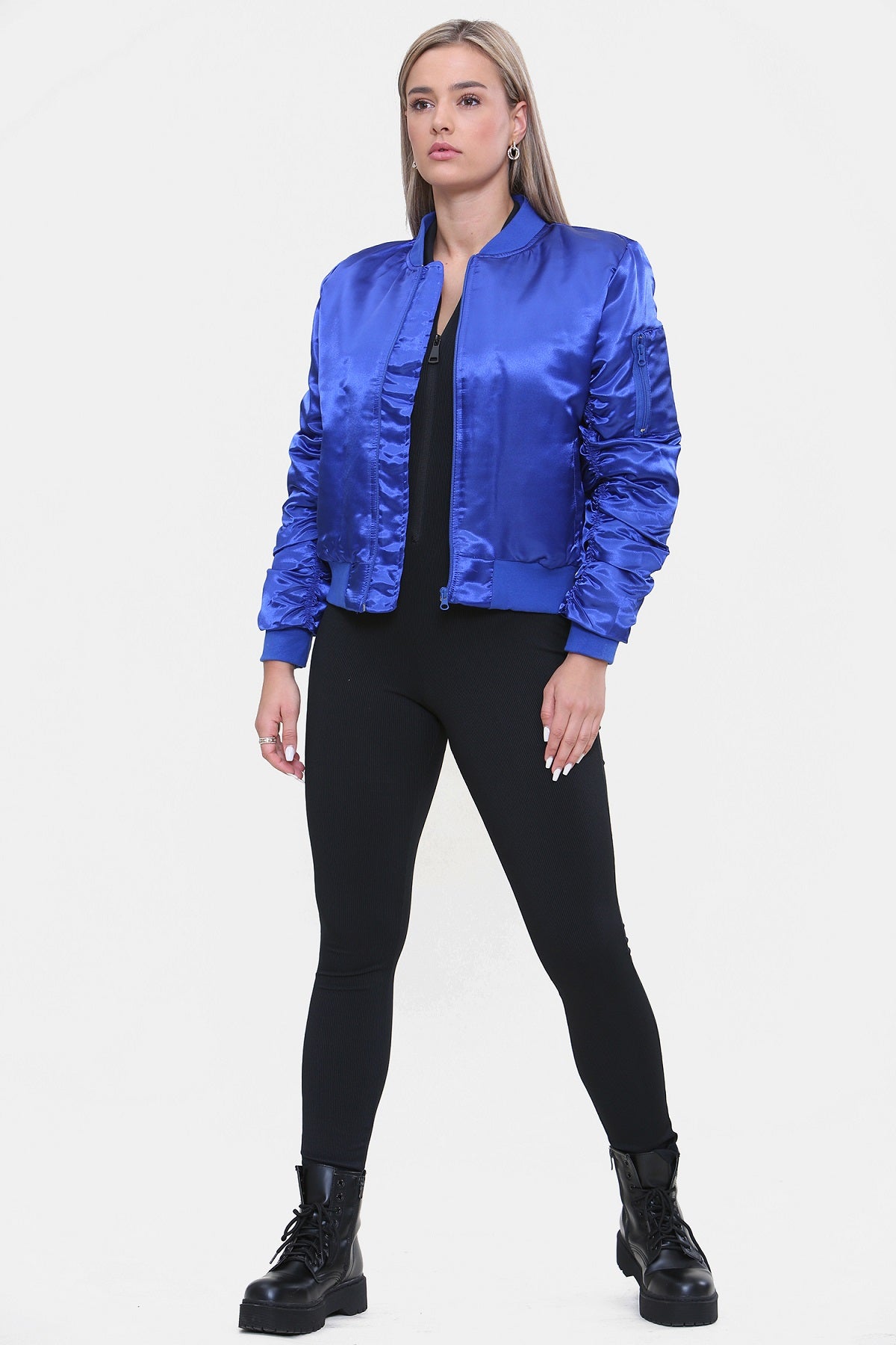 Royal Blue Ruched Sleeve Satin Lux Bomber Jacket - Anastasia - Storm Desire