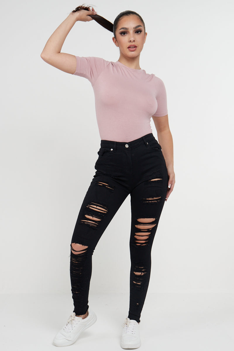 Black Multi Slash Distressed Thread High Waist Jeans - Nyah - Storm Desire
