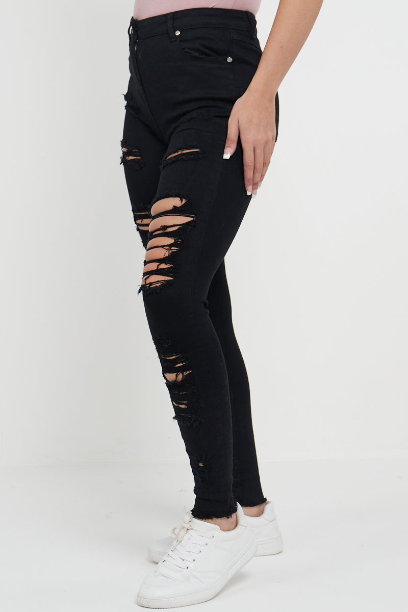 Black Multi Slash Distressed Thread High Waist Jeans - Nyah - Storm Desire