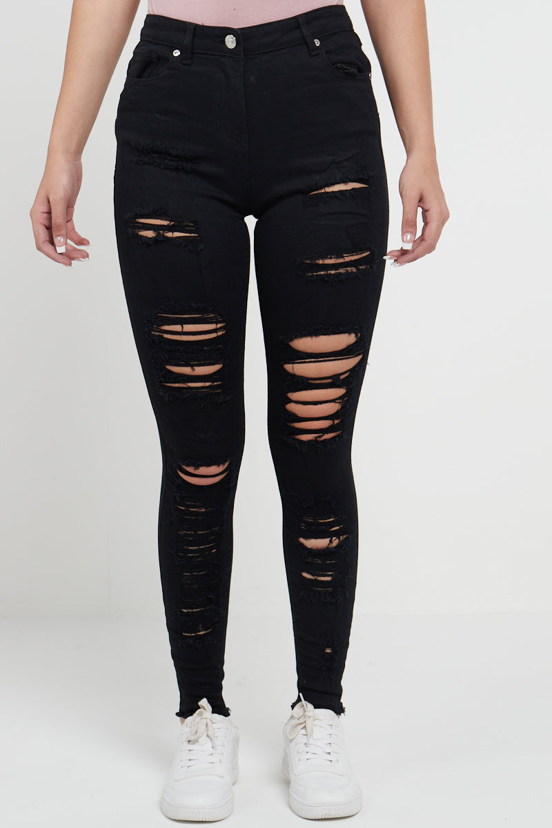 Black Multi Slash Distressed Thread High Waist Jeans - Nyah - Storm Desire