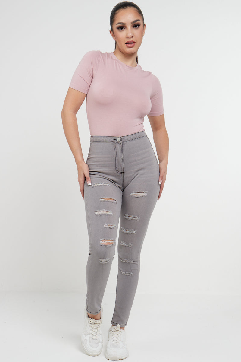 Grey Denim Multi Slash High Waist Jeans - Ava - Storm Desire