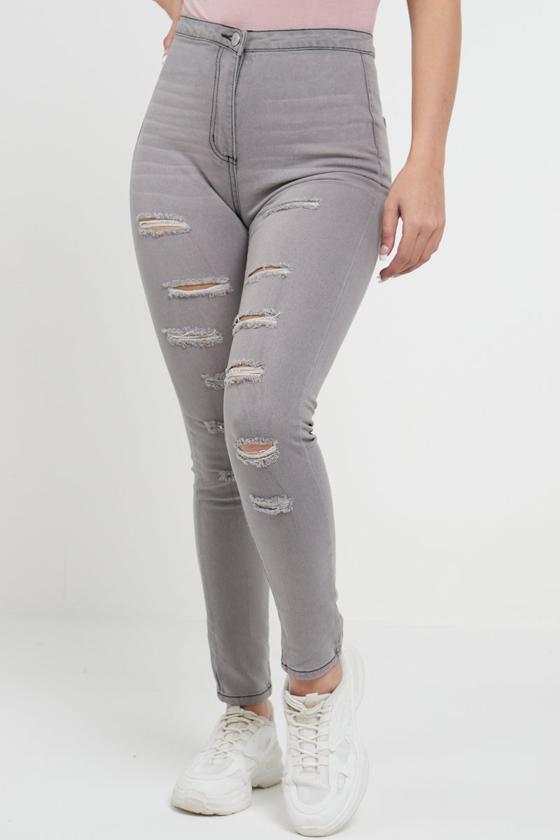 Grey Denim Multi Slash High Waist Jeans - Ava - Storm Desire