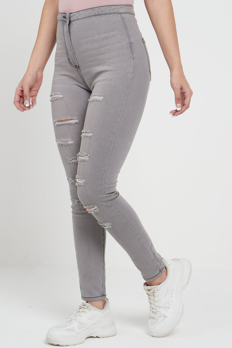 Grey Denim Multi Slash High Waist Jeans - Ava - Storm Desire
