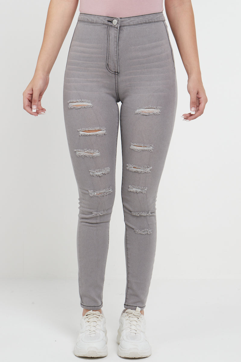 Grey Denim Multi Slash High Waist Jeans - Ava - Storm Desire