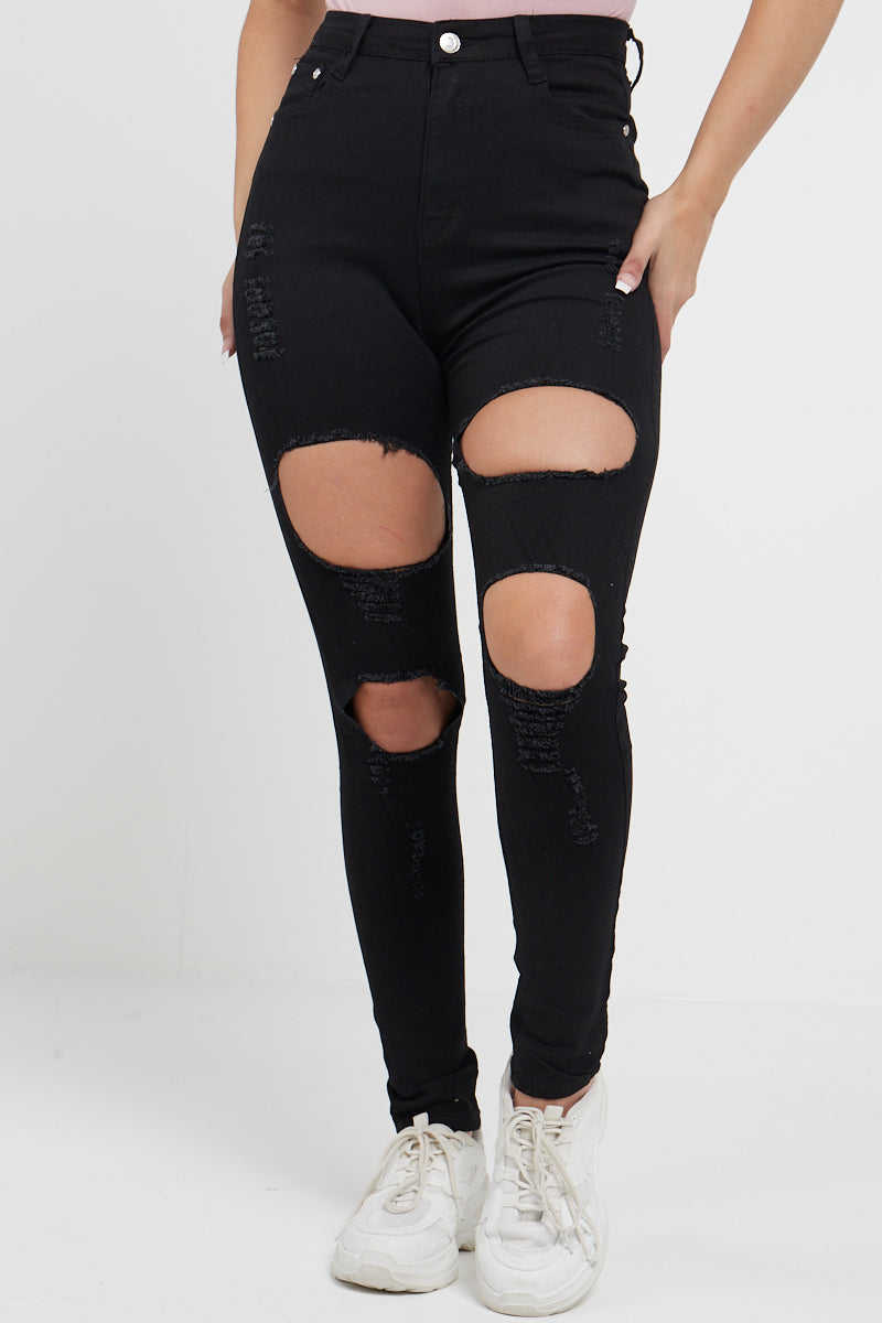 Black Extreme Wide Rip High Waisted Skinny Jeans - Melina - Storm Desire