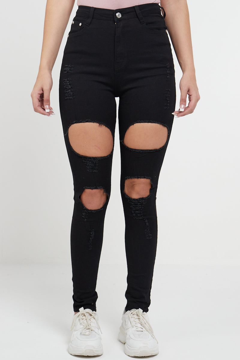 Black Extreme Wide Rip High Waisted Skinny Jeans - Melina - Storm Desire