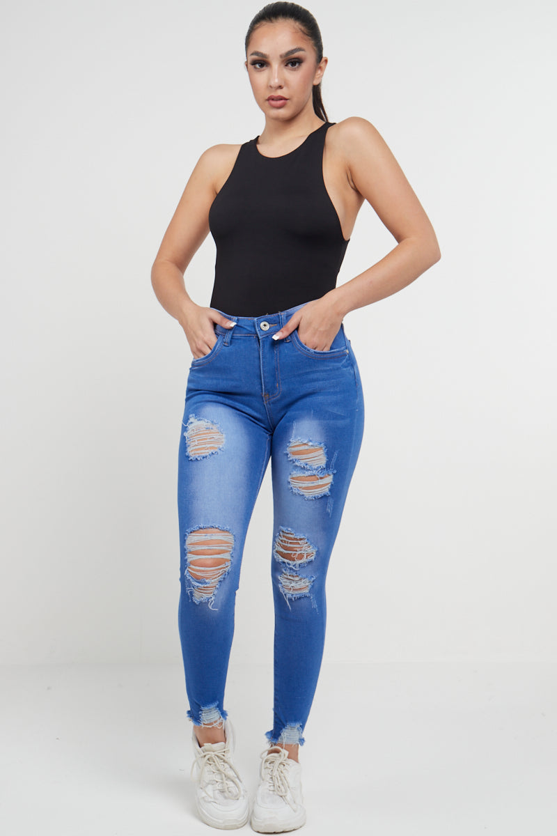 Denim Blue Slash Distressed High Waist Jeans - Madeleine - Storm Desire