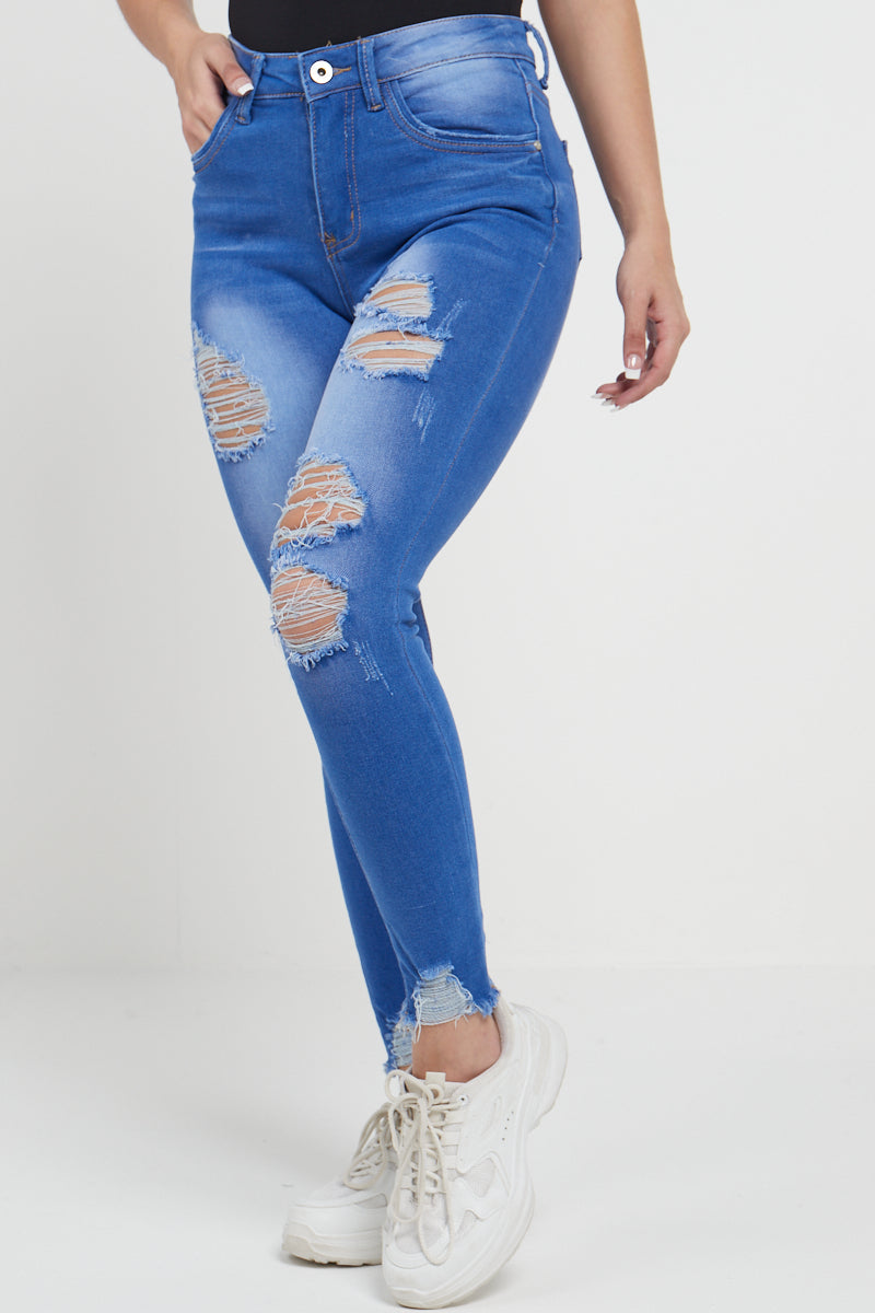 Denim Blue Slash Distressed High Waist Jeans - Madeleine - Storm Desire