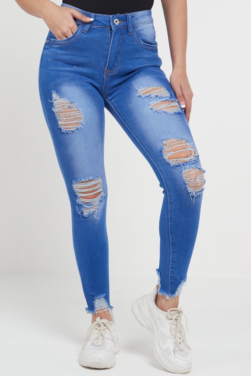Denim Blue Slash Distressed High Waist Jeans - Madeleine - Storm Desire