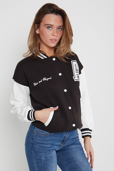 Black Varsity A Slogan Baseball Jacket - Samira - Storm Desire