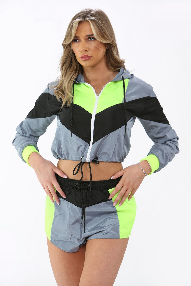 Grey Colour Block Cropped Jacket & Shorts Co-ord - Ramona - Storm Desire