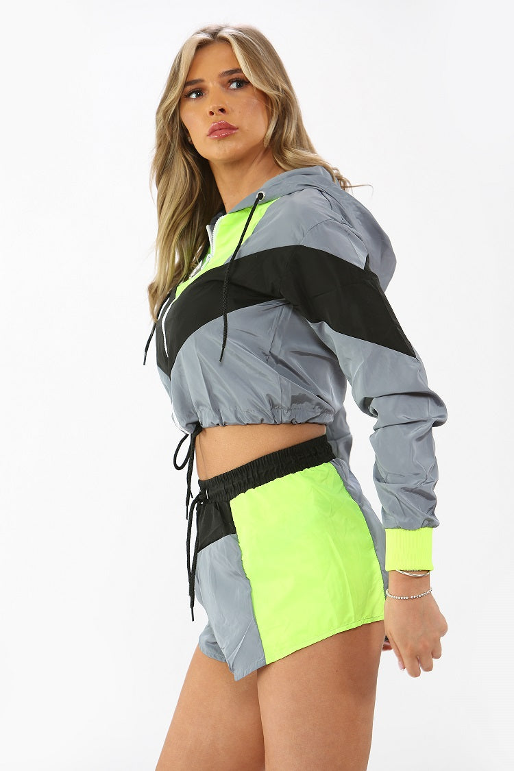 Grey Colour Block Cropped Jacket & Shorts Co-ord - Ramona - Storm Desire