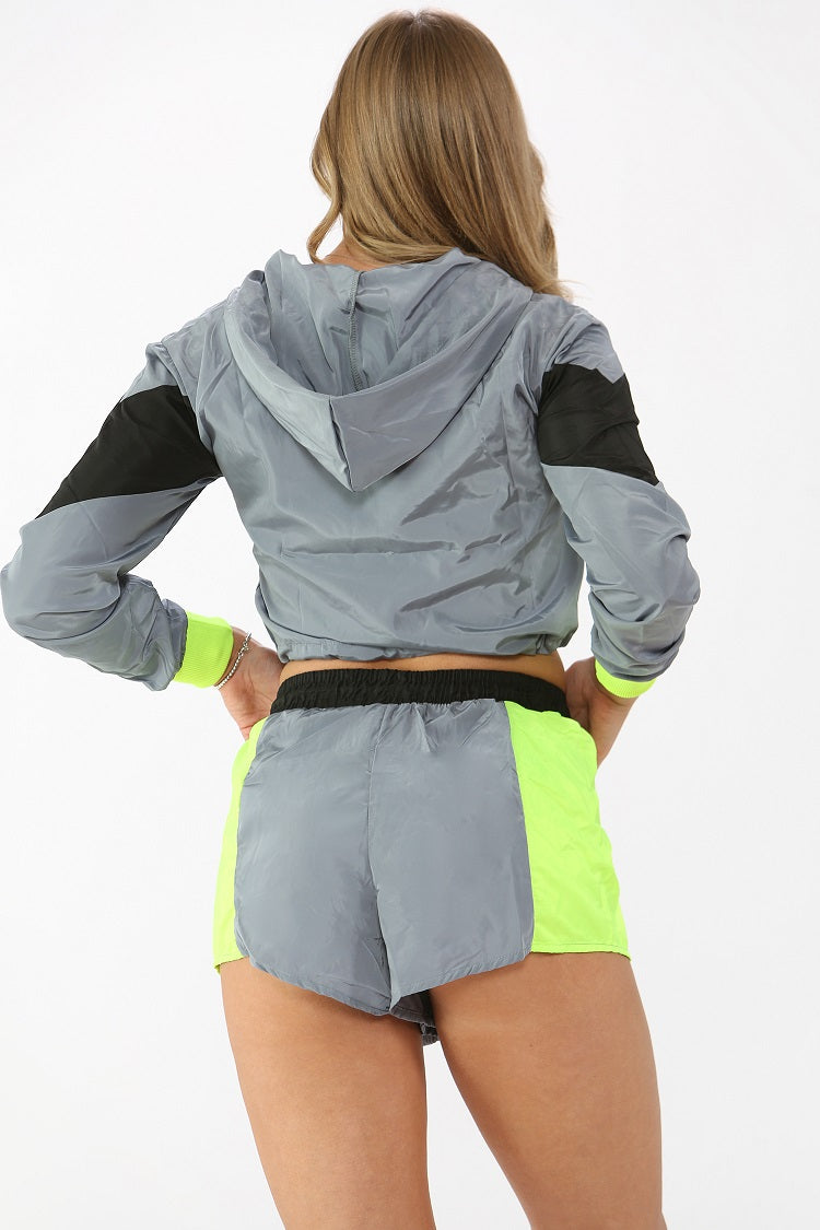 Grey Colour Block Cropped Jacket & Shorts Co-ord - Ramona - Storm Desire