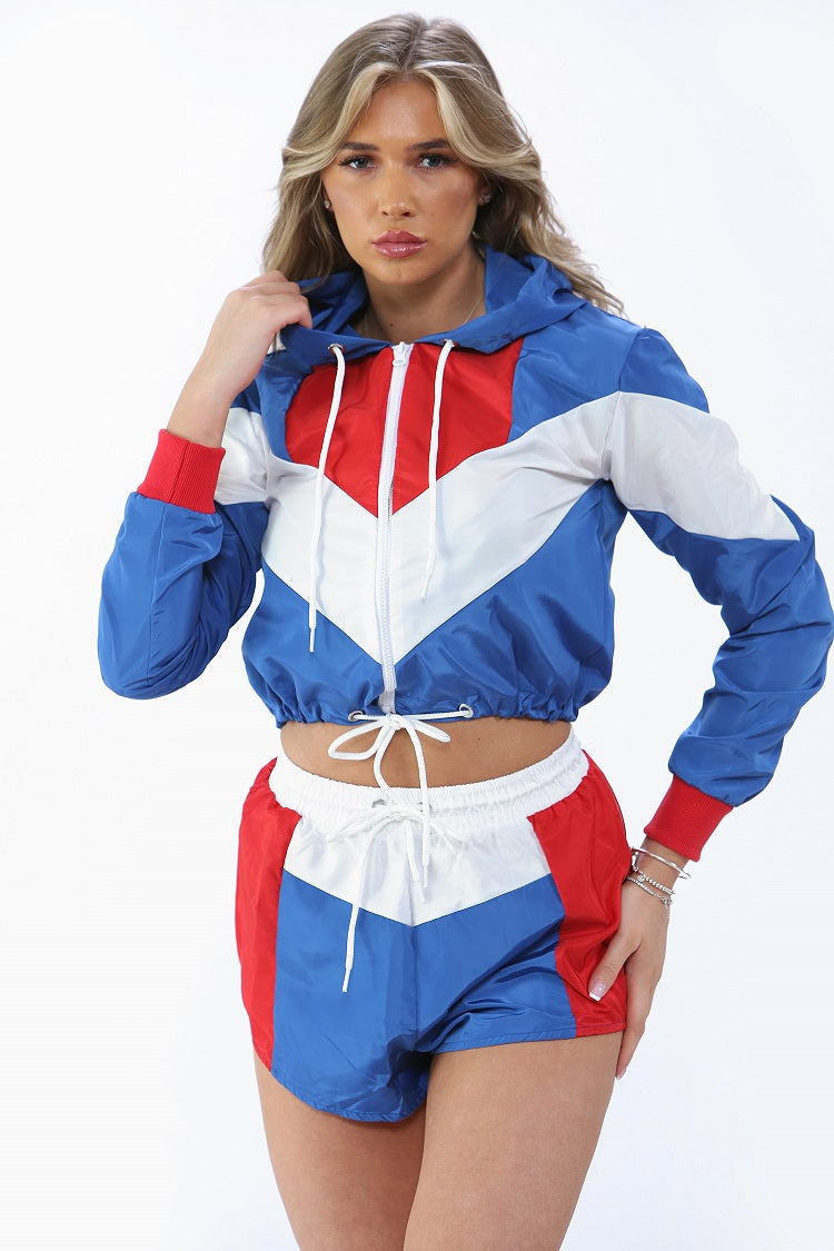Royal Blue Colour Block Cropped Jacket Shorts Co ord Ramona