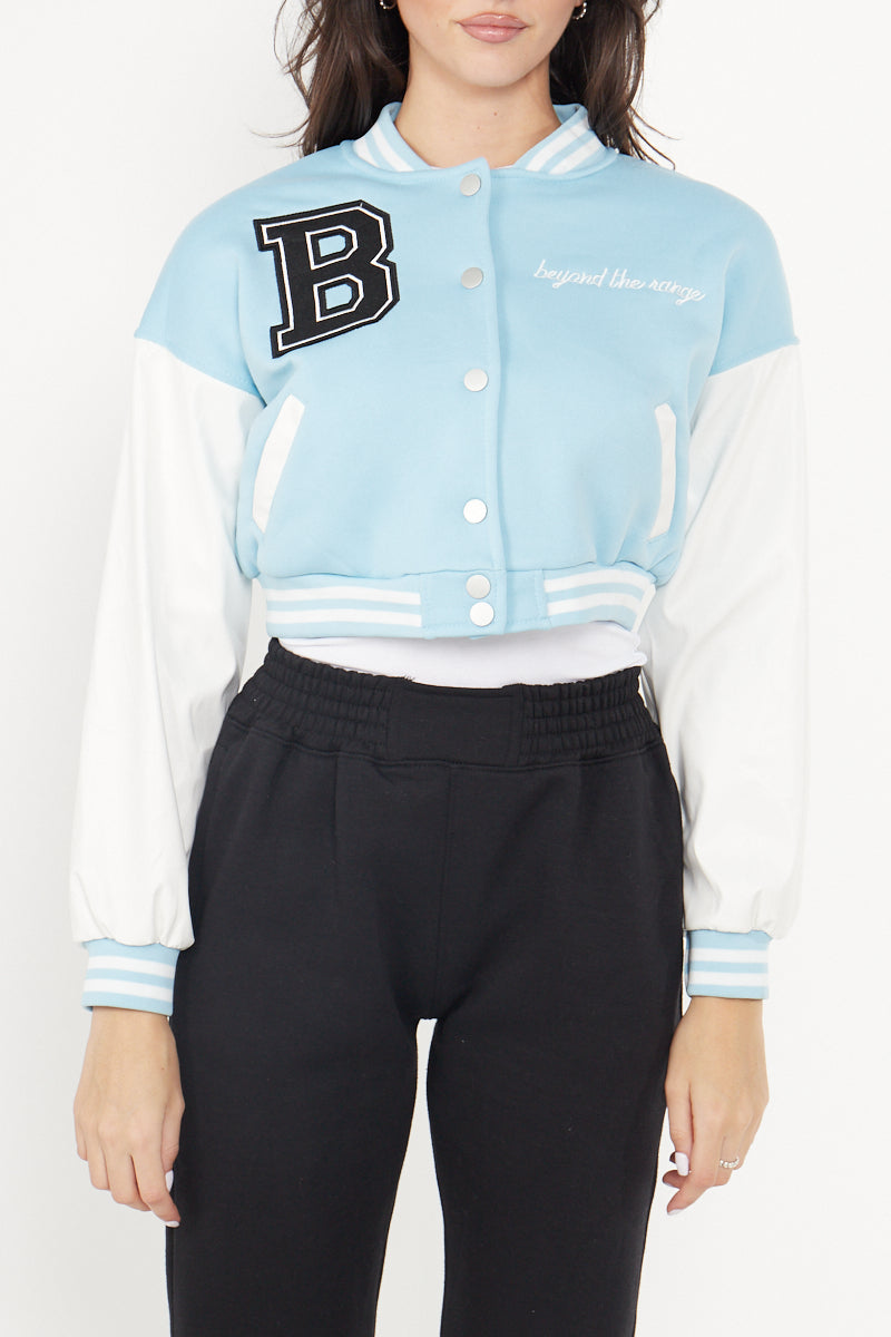 Blue Varsity  B Slogan Crop Baseball Jacket - Yasmin - Storm Desire