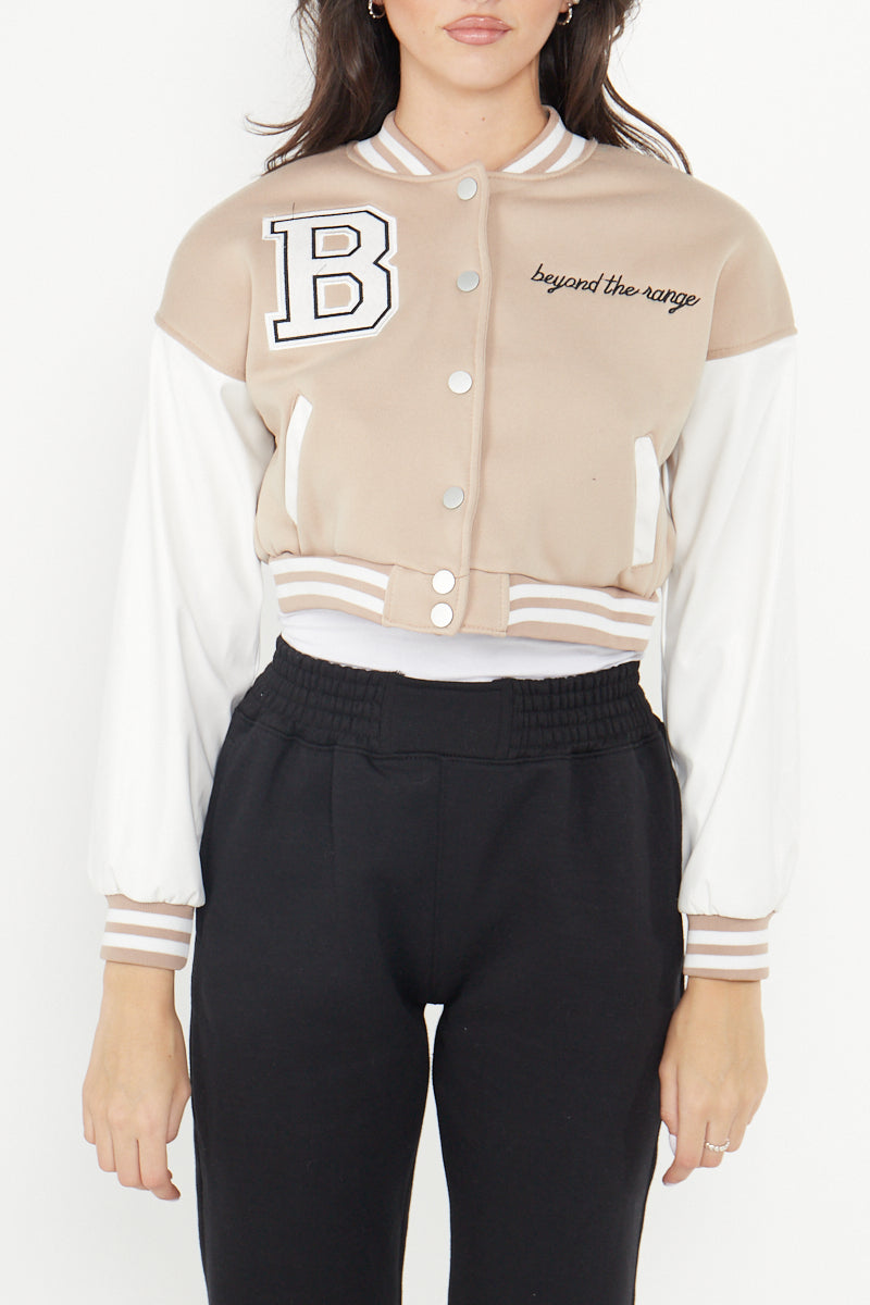 Beige Varsity B Slogan Crop Baseball Jacket - Yasmin - Storm Desire