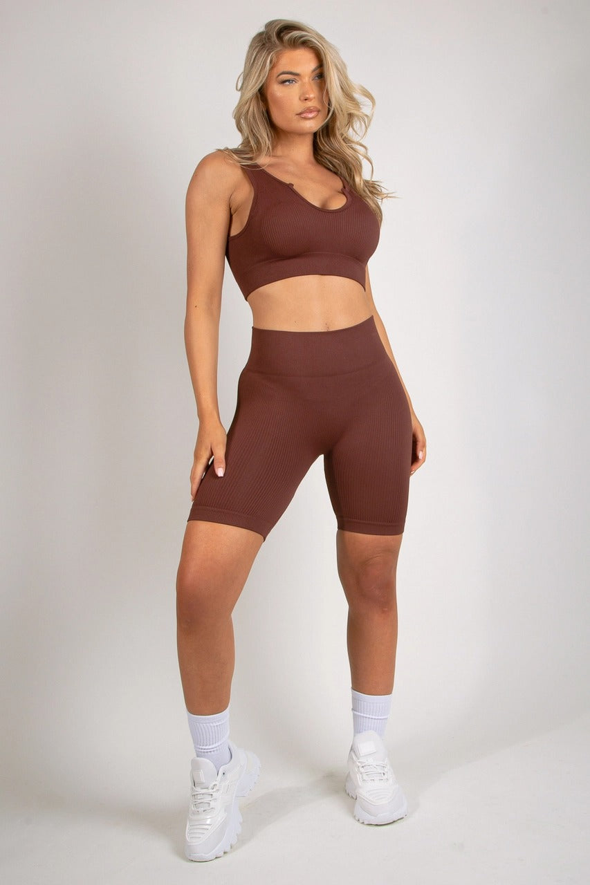 Brown Low Cut Crop Top & Cycling Shorts Set - Amaya - Storm Desire