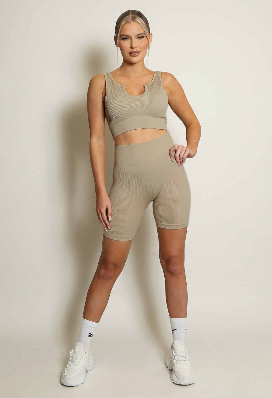 Stone Low Cut Crop Top & Cycling Shorts Set - Amaya - Storm Desire