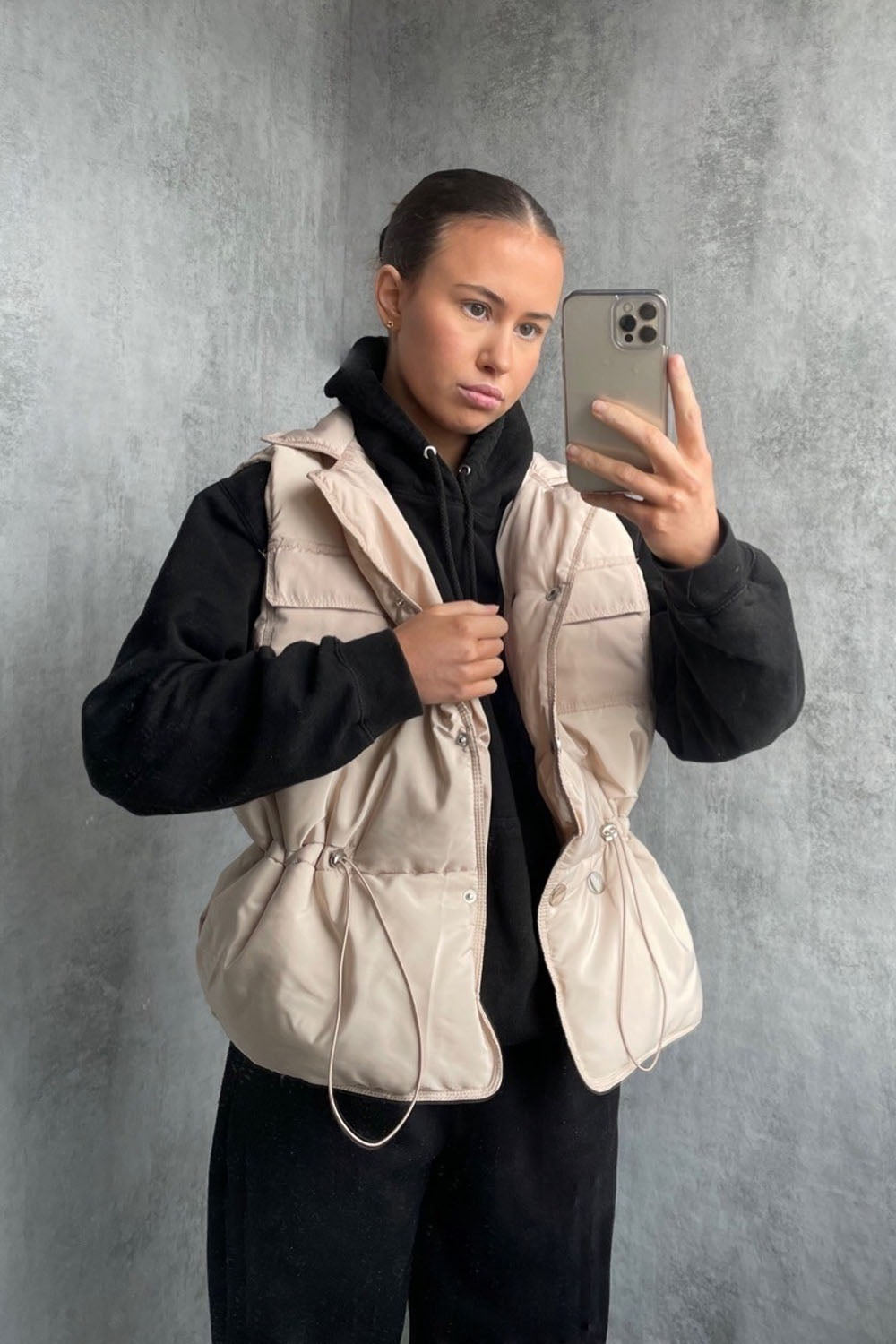 Beige Short Silver Button Padded Gilet - Jordan – Storm Desire