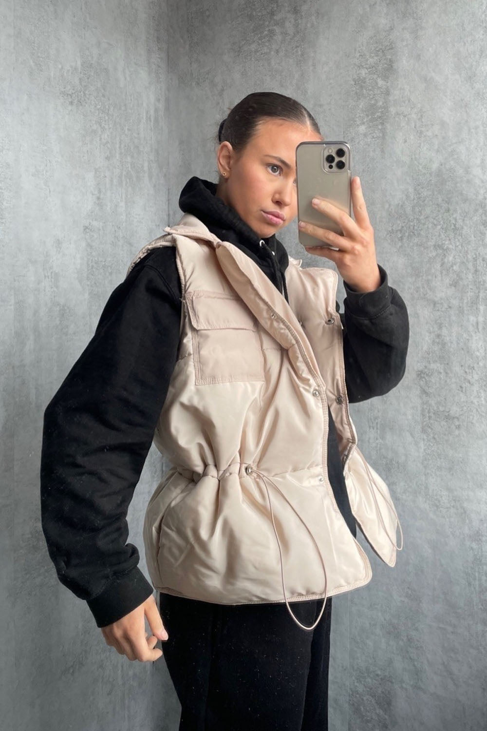 Beige Short Silver Button Padded Gilet - Jordan - Storm Desire