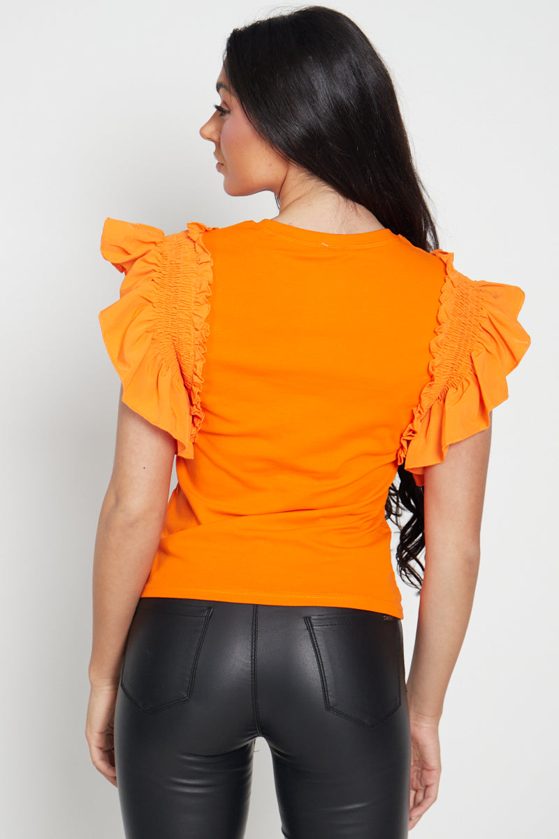 Orange Ruched Frill Sleeve Top - Mona - Storm Desire