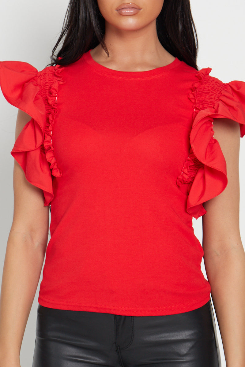 Red Ruched Frill Sleeve Top - Mona - Storm Desire