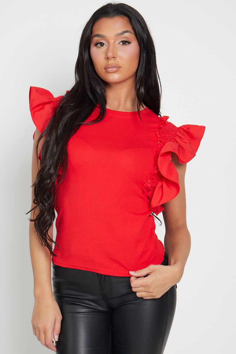 Red Ruched Frill Sleeve Top - Mona - Storm Desire