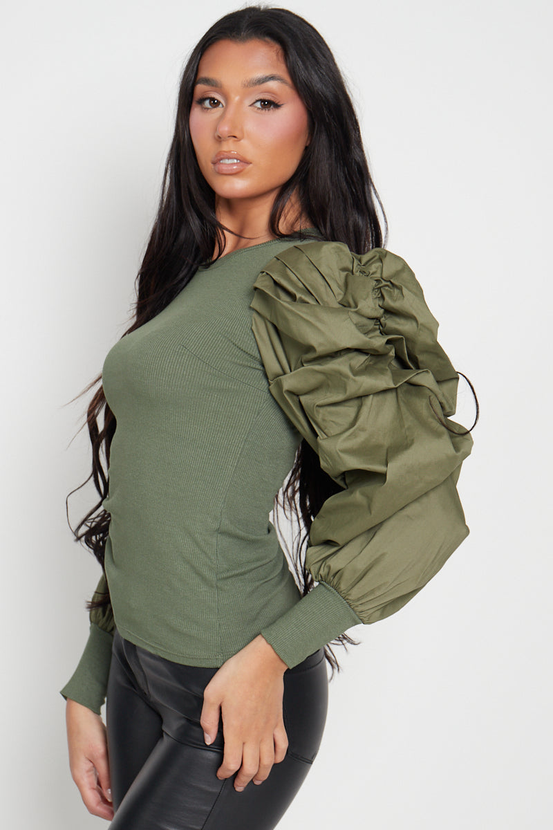 Khaki Green Oversize Puff Sleeve Ribbed Top - Courtney - Storm Desire