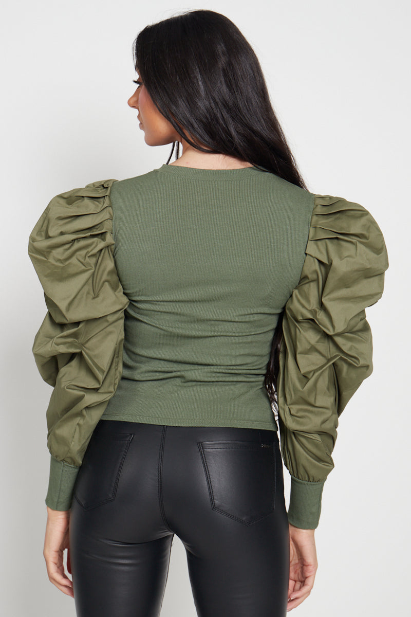 Khaki Green Oversize Puff Sleeve Ribbed Top - Courtney - Storm Desire