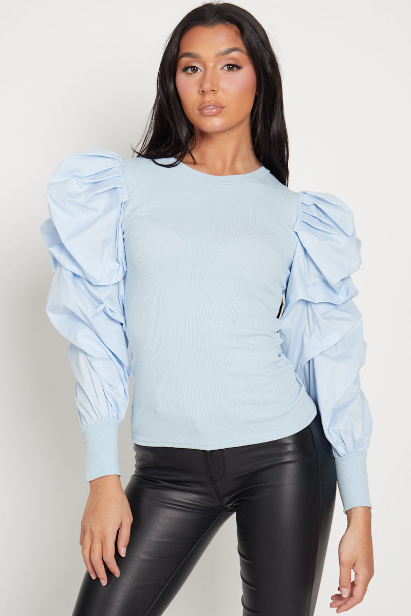 Baby Blue Oversize Puff Sleeve Ribbed Top - Courtney - Storm Desire